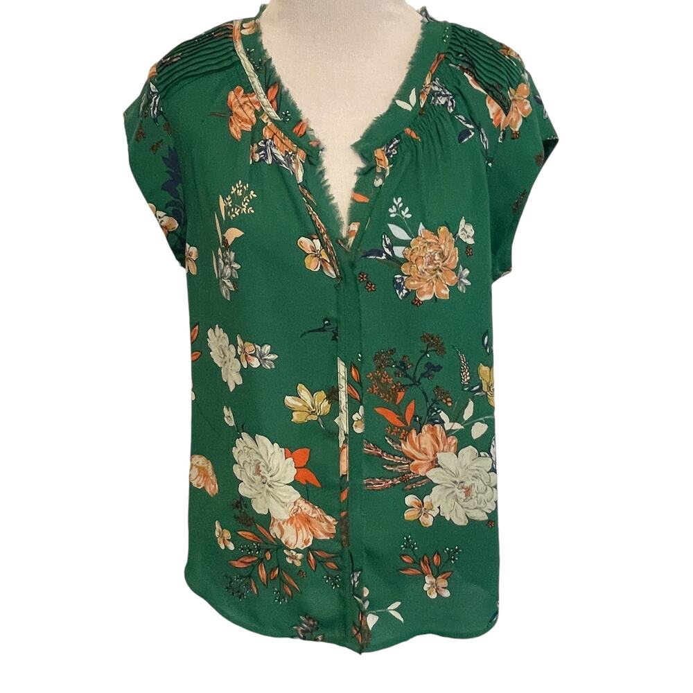 Daniel Rainn Kelly Green Floral Top Womens Medium Petite Pintucked Frayed Edges - Picture 1 of 7